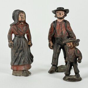 Antique Cast Iron Amish Family Figurines 3pc Set Painted Folk Art Vintage